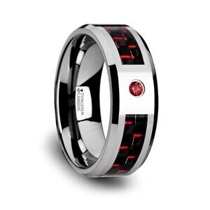 Tungsten Carbide Ring With Black And Red Carbon Fiber And Red Sapphire 8mm Sz 10